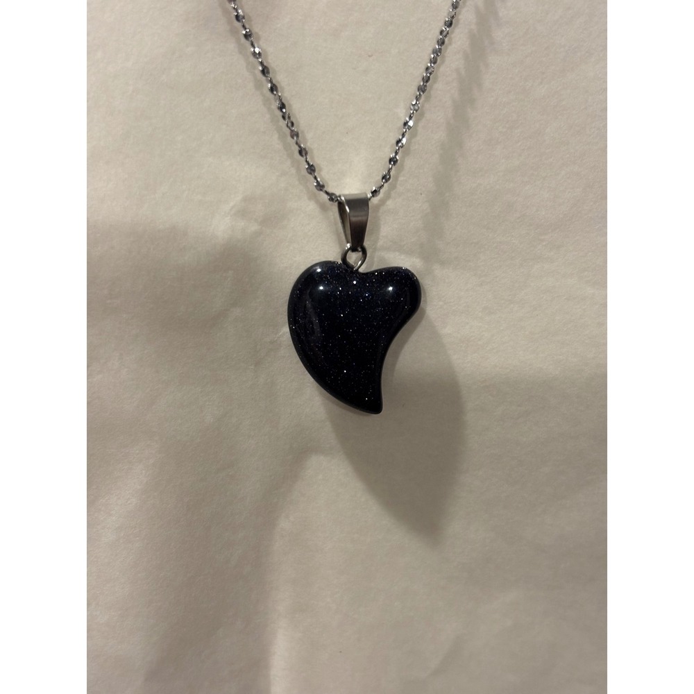 Blue Goldstone Heart Pendant Necklace Stainless Steel Chain Celestial Jewelry